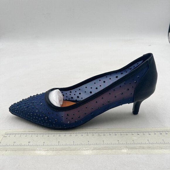 XYD Navy Pointed Toe Slip On Mesh Pumps Rhinestone Studs Comfy Kitten Heels Shoe - Picture 2 of 8